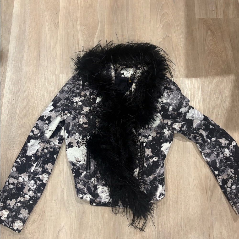 Club Monaco Black and White Bomber Jacket with Faux Fur Collar